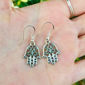 Silver Charm Dangle Earrings Hamsa Hand